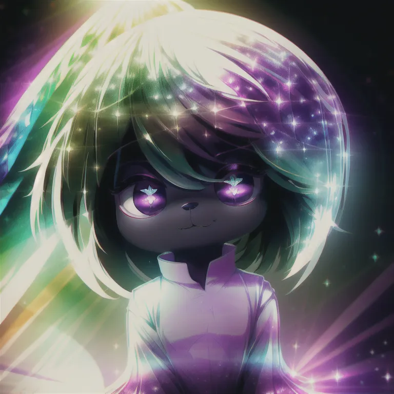 The image is a cartoon cat with a large head and big eyes. The cat is white with green hair and purple eyes. It is wearing a white shirt with a collar. The cat is standing in front of a colorful background with sparkles.