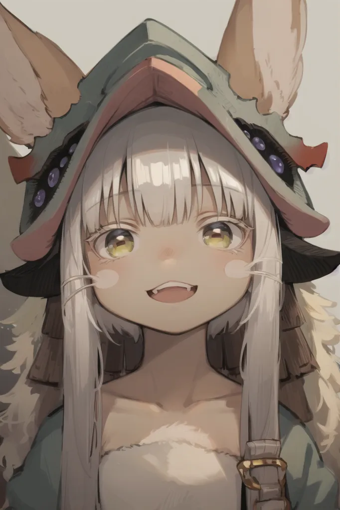 The image is of a young girl with white hair and yellow eyes. She is wearing a green hat with rabbit ears and a white dress. She has a happy expression on her face and is smiling. The background is a light gray color.