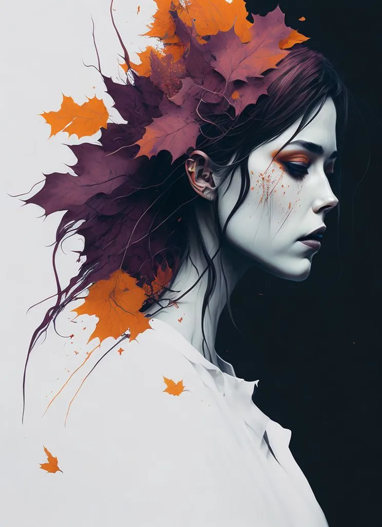 This image is a painting of a woman with autumn leaves in her hair. The woman is facing the left of the viewer. She has long, flowing hair and is wearing a white dress. The leaves in her hair are of various colors, including red, orange, and yellow. The background of the painting is white. The painting is done in a realistic style, and the artist has used a variety of techniques to create a sense of depth and realism. The overall effect of the painting is one of beauty and tranquility.