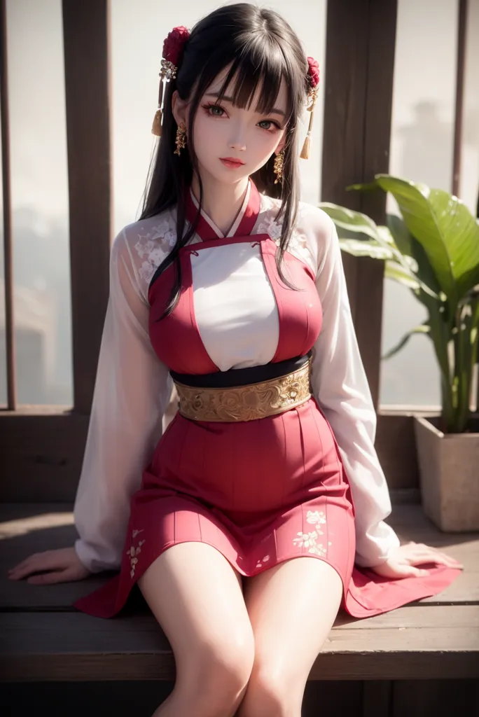 The image shows a young woman sitting on a wooden bench. She is wearing a red and white dress with a white camisole underneath. The dress has a high collar and a sash around the waist. Her long black hair is styled in a bun with two red hairpins. She is also wearing red earrings and a necklace with a jade pendant. The background is a blurred view of a city.