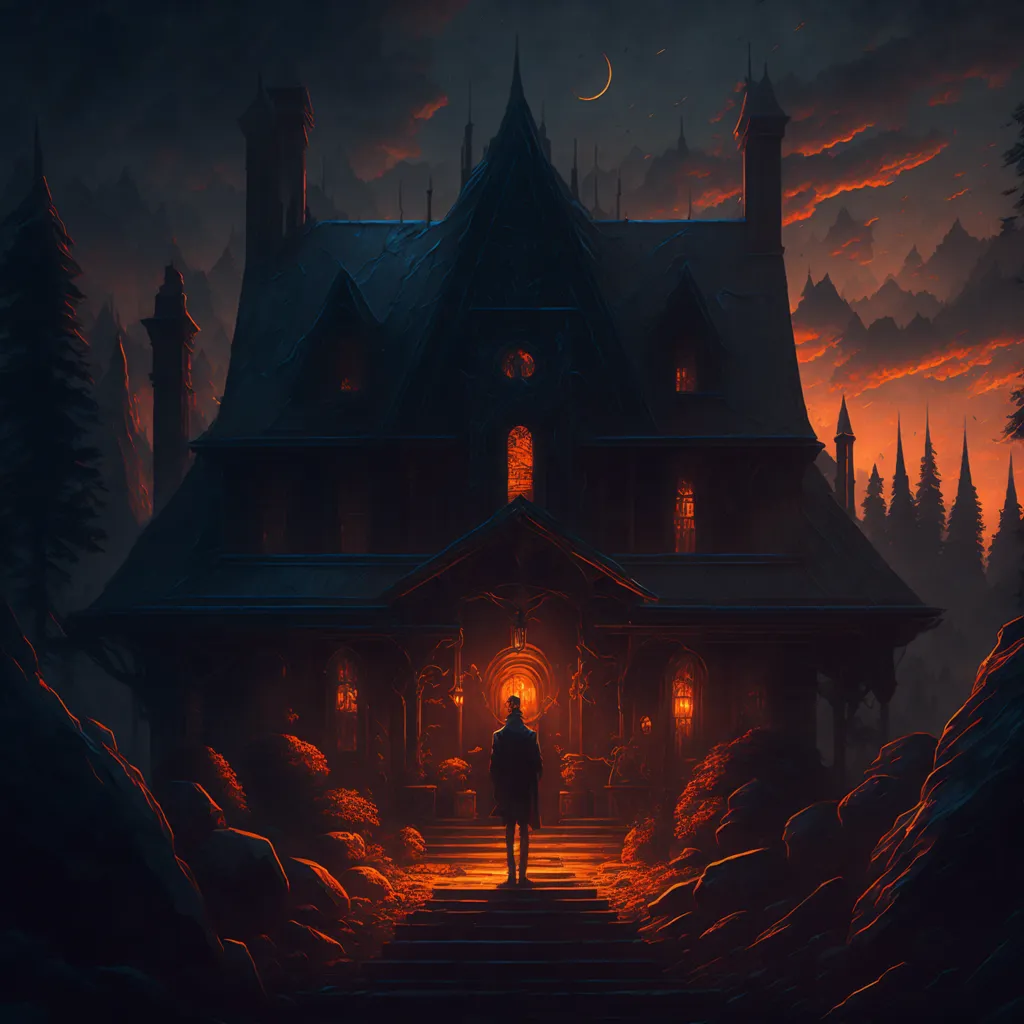 The image is a dark and stormy night. A large, gloomy mansion is perched on a hilltop, surrounded by dark trees. The mansion is lit by a few flickering torches. A man stands in front of the door, his face hidden by a cloak. He is holding a lantern. The path leading up to the mansion is overgrown with weeds and grass. The sky is dark and cloudy, and there is a full moon.