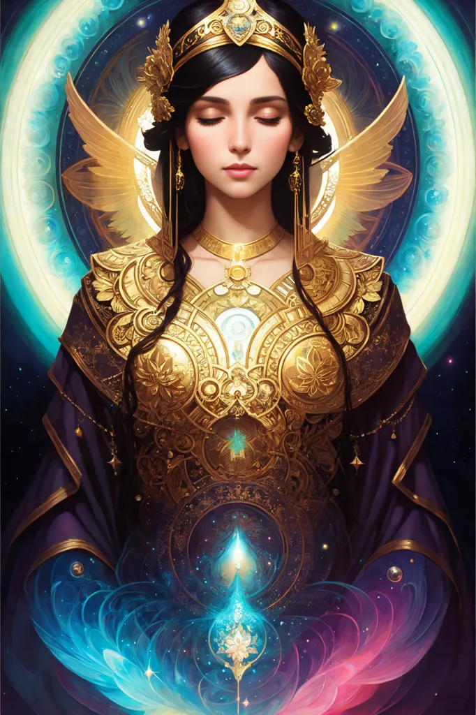 The image shows a beautiful woman with long black hair and blue eyes. She is wearing a golden headdress and a golden breastplate with a glowing blue orb in the center. She has a serene expression on her face and is surrounded by a blue and purple background. There are also stars and other celestial objects in the background. She is also wearing a dark purple robe with gold trim.