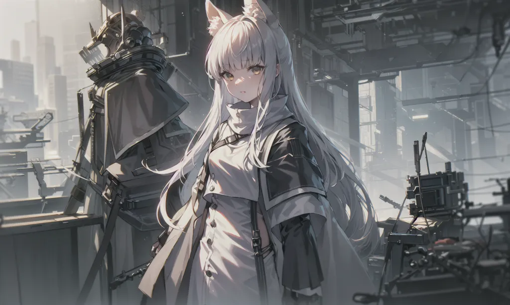 The image is of an anime girl with white hair and yellow eyes. She is wearing a white dress with a black jacket and a black choker. She has cat ears and a tail. She is standing in a futuristic city with a large building in the background. There is a robot standing next to her.