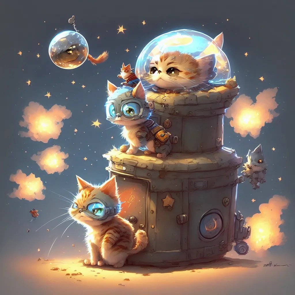 The image shows a group of cats in a steampunk setting. There are four cats in total. The cat in the middle is wearing a helmet with a bubble, the cat on the left is wearing goggles, the cat on the right is wearing a hat, and the cat at the top is wearing a space helmet. The background is a starry night sky with clouds. There is a spaceship in the background.