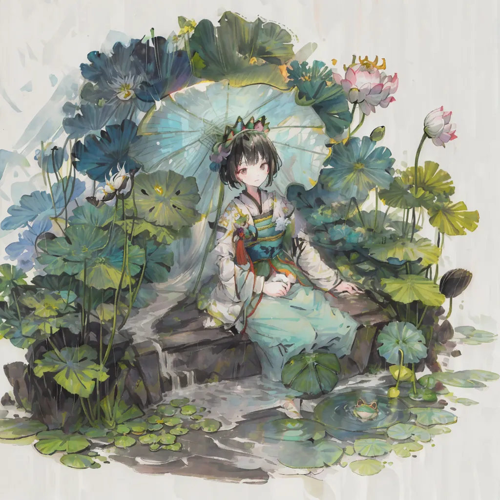 The image is a beautiful watercolor painting of a girl sitting on a rock in a pond. The girl is wearing a traditional Chinese dress and holding a blue umbrella. She is surrounded by lotus flowers and green leaves. A frog is sitting on a lily pad in the water near the girl. The background is a blur of light blue and green. The painting is very peaceful and serene.