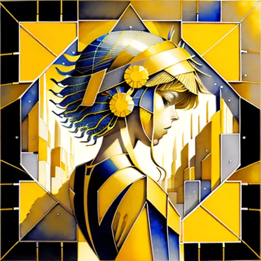 Esta é uma imagem em mosaico de uma mulher usando um capacete dourado com detalhes azuis e amarelos. Ela está olhando para a direita do quadro, que é decorado com formas geométricas amarelas e cinzas. O cabelo da mulher é loiro e de comprimento até os ombros. Ela está usando um traje azul e amarelo. O fundo é de uma cor amarelo claro.