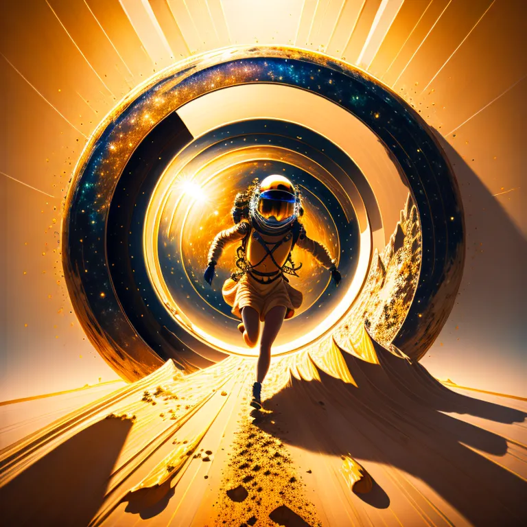 This is an image of an astronaut running through a wormhole. The astronaut is wearing a white spacesuit with a yellow and black striped pattern on the arms and legs. The wormhole is a large, glowing ring of energy and the astronaut is running towards it. The background is a dark, starry sky.