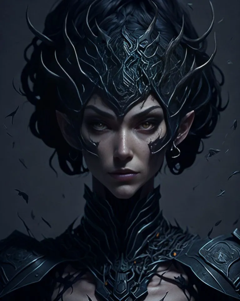 A imagem é um retrato escuro de uma fêmea drow. Ela tem cabelos pretos e olhos amarelos, e está usando uma coroa de metal preto e armadura. A armadura tem linhas amarelas brilhantes correndo através dela. Ela tem uma expressão séria no rosto.