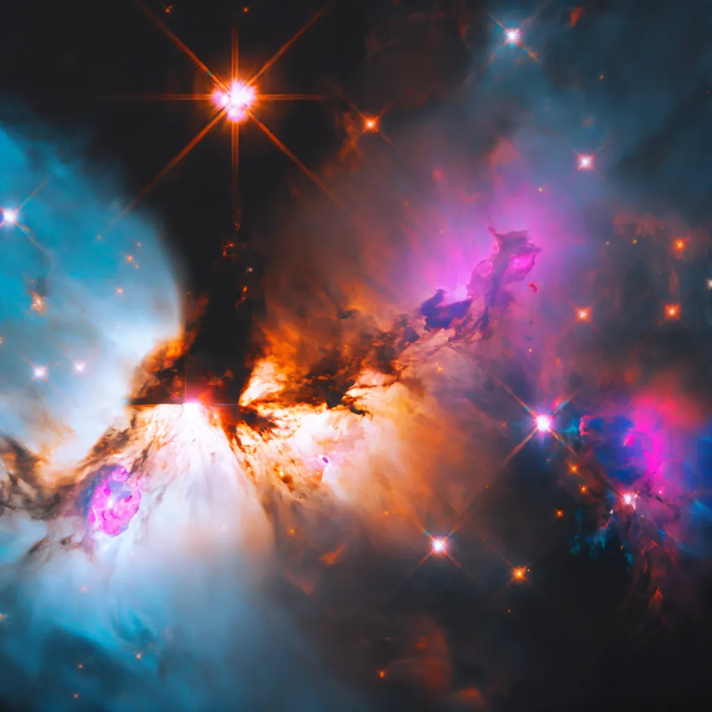 Gambar ini menunjukkan sebuah nebula yang berwarna-warni dengan banyak bintang di latar belakang. Nebula tersebut sebagian besar berwarna biru dan oranye, dengan sedikit warna merah muda dan ungu. Strukturnya sangat detail dan rumit, dengan berbagai bentuk dan pola yang berbeda. Bintang-bintangnya memiliki ukuran dan warna yang beragam, dan tersebar di seluruh gambar. Gambar ini sangat indah dan menakjubkan, serta memberikan kesan akan keluasan semesta.