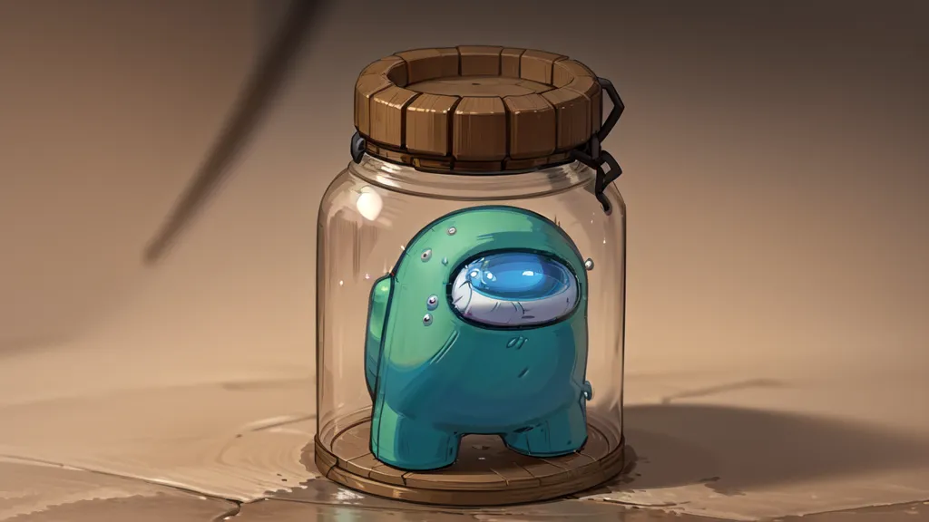 The image shows a jar with a wooden lid containing a green Among Us character. The Among Us character is looking out of the jar with a sad expression on its face. The jar is sitting on a brown surface. The background is a gradient of brown and orange.