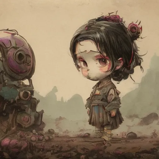 The image is a post-apocalyptic scene. A chibi girl is standing in a field of rubble. The girl is wearing a tattered kimono and her hair is in a bun. She has a sad look on her face. In front of her is a broken robot. The robot is missing its left arm and its head is cracked. The girl is looking at the robot with a look of sadness on her face. The image is in a sepia tone and the background is blurred.