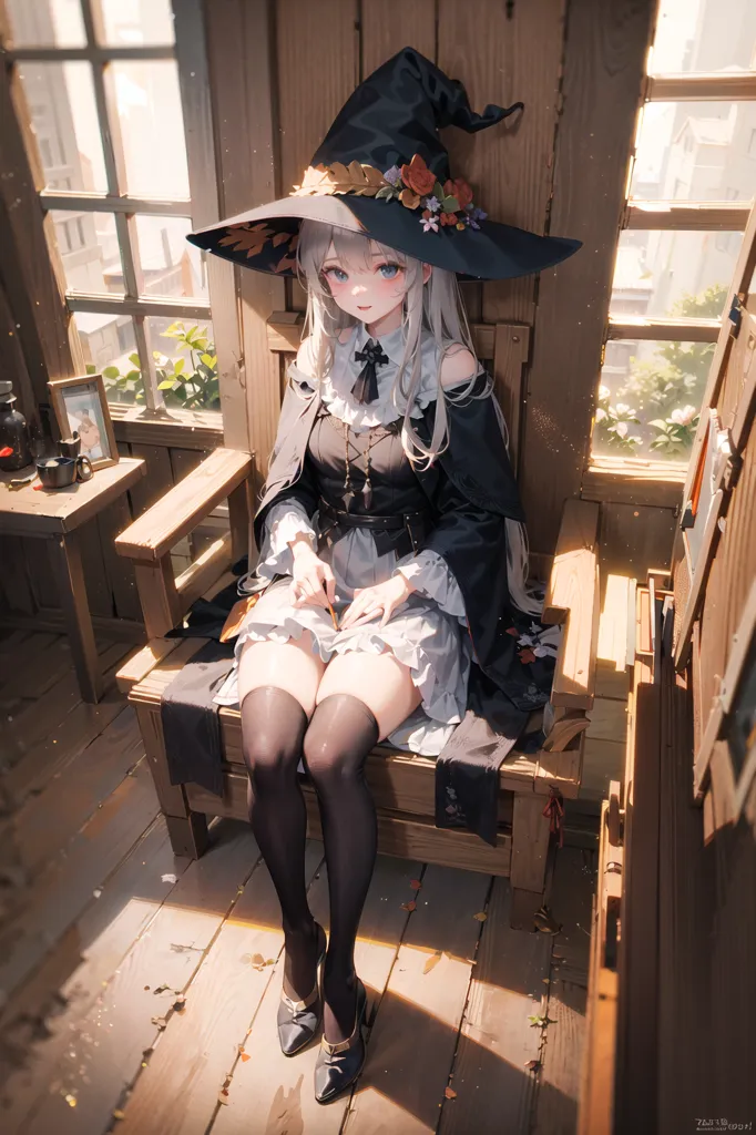 The image is a painting of a young woman sitting on a chair in a room with two windows. She is wearing a black witch hat with a white flower wreath around it. The woman has long white hair and blue eyes. She is wearing a black dress with a white collar. The woman is sitting in a wooden chair with a black cushion. There is a small table next to the chair with a picture frame on it. There are two windows in the room, one on the left and one on the right. The floor is made of wood. The room is decorated with plants and flowers.