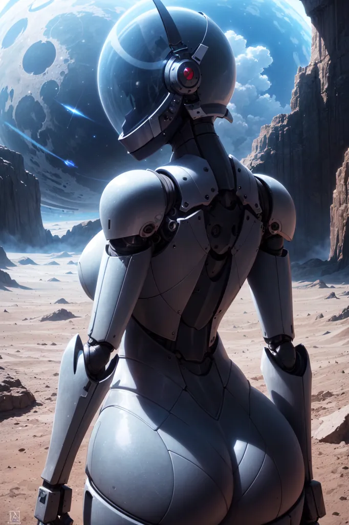 The image shows a female robot standing on a rocky moon or desert planet. The robot is wearing a white spacesuit with a bubble helmet. The helmet has a red light on the forehead. The robot's body is made of smooth metal with visible joints. The robot is looking at a blue moon or planet in the distance.