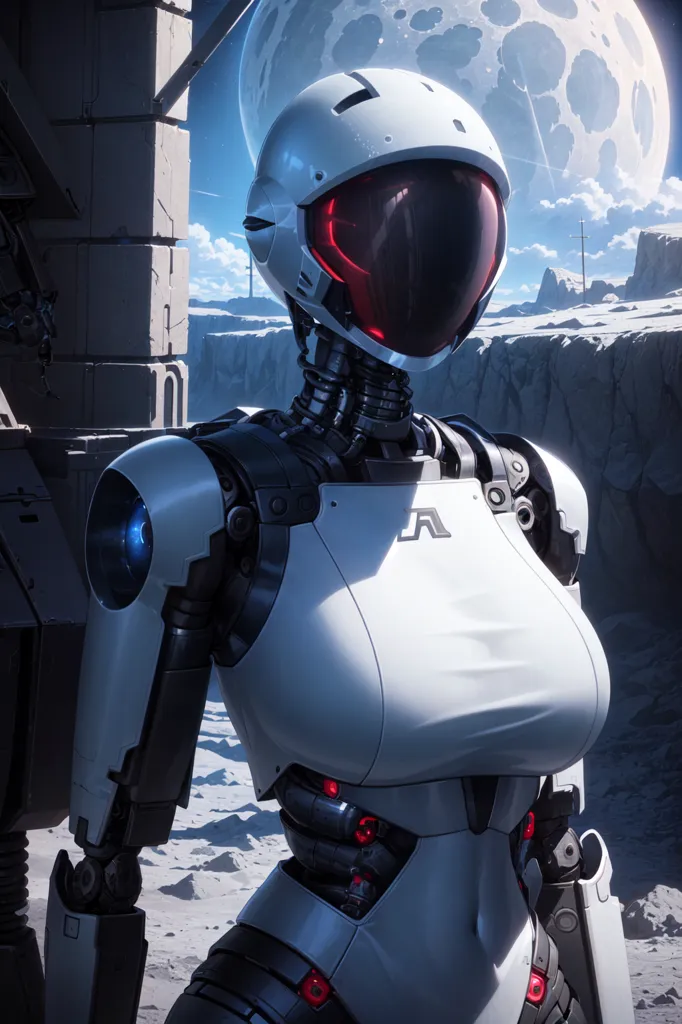 The image is a digital painting of a female robot standing on a rocky moon or planetary landscape. The robot is wearing a white and gray spacesuit with a helmet and visor. The visor is reflecting the blue sky and a large moon. The robot's body is curvy and feminine, with large breasts and hips. The robot's arms and legs are long and slender, and its feet are pointed. The robot is standing in a relaxed pose, with its arms at its sides. The background of the image is a rocky moon or planetary landscape, with large rocks and craters. The sky is blue, and there is a large moon in the distance. The image is a digital painting, and the artist has used a variety of techniques to create a realistic and detailed image. The image is well-lit, and the colors are vibrant. The artist has also used a variety of textures to create a sense of depth and realism. The image is a unique and interesting take on the theme of robots, and it is sure to appeal to a wide audience.