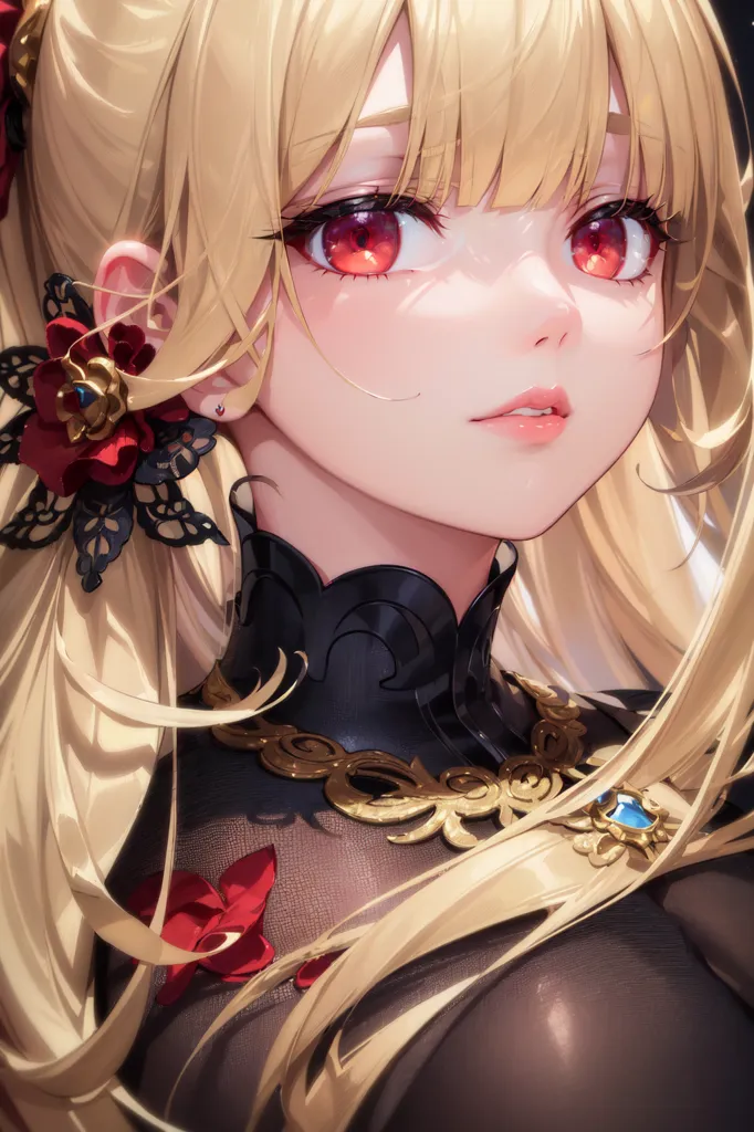 The image is a digital painting of a young woman with long, flowing blonde hair and red eyes. She is wearing a black dress with a high collar and a gold necklace. There are red flowers in her hair and around her neck. The background is a dark color. The woman's expression is serious and thoughtful.