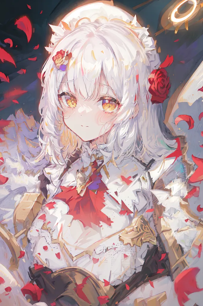 The image is a painting of a young woman with long white hair and yellow eyes. She is wearing a white dress with a red sash and a golden crown. There are red rose petals falling around her. The background is dark with a hint of light at the top. The painting is in a realistic style and the woman is depicted in great detail. Her expression is one of sadness and longing.