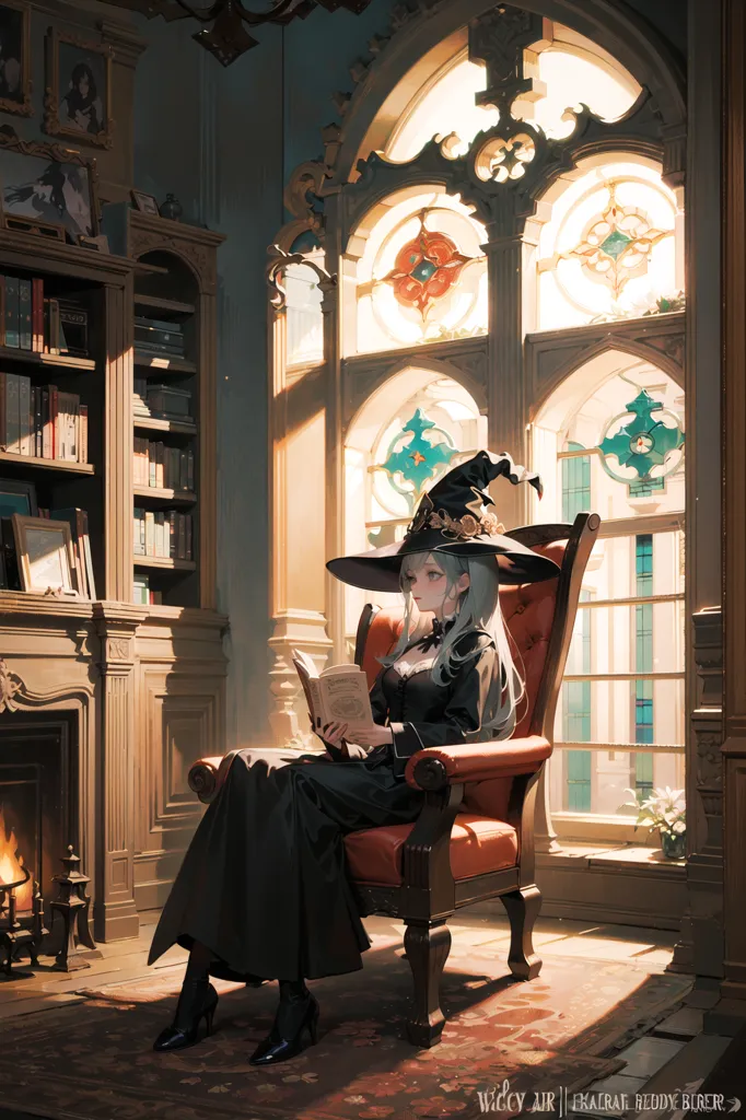 The image is of a young woman sitting in a chair and reading a book. She is wearing a black dress and a witch hat. The chair is in front of a large window with stained glass. There is a bookshelf to the left of the window and a fireplace to the right. The floor is covered in a red carpet.