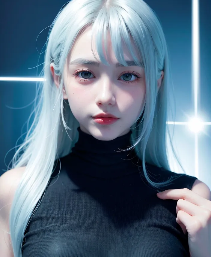 The image is a portrait of a beautiful young woman with long, light blue hair and green eyes. She is wearing a black turtleneck sweater. The background is a dark blue with bright white lines. The woman's expression is one of calm confidence. She is looking at the viewer with her head tilted slightly to the right. Her hair is parted in the middle and her bangs are swept to the side. Her skin is fair and flawless. Her lips are full and her eyebrows are arched. She is wearing a light shade of makeup. The overall effect of the image is one of beauty and serenity.