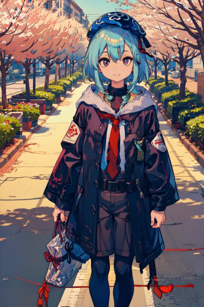 The image is a painting of a young woman with blue hair and brown eyes. She is wearing a black jacket, a red tie, and a blue hat. She is standing in a street with cherry blossom trees on either side. The street is lined with buildings and there is a blue sky with white clouds in the background. The painting is done in a realistic style and the colors are vibrant and lifelike.