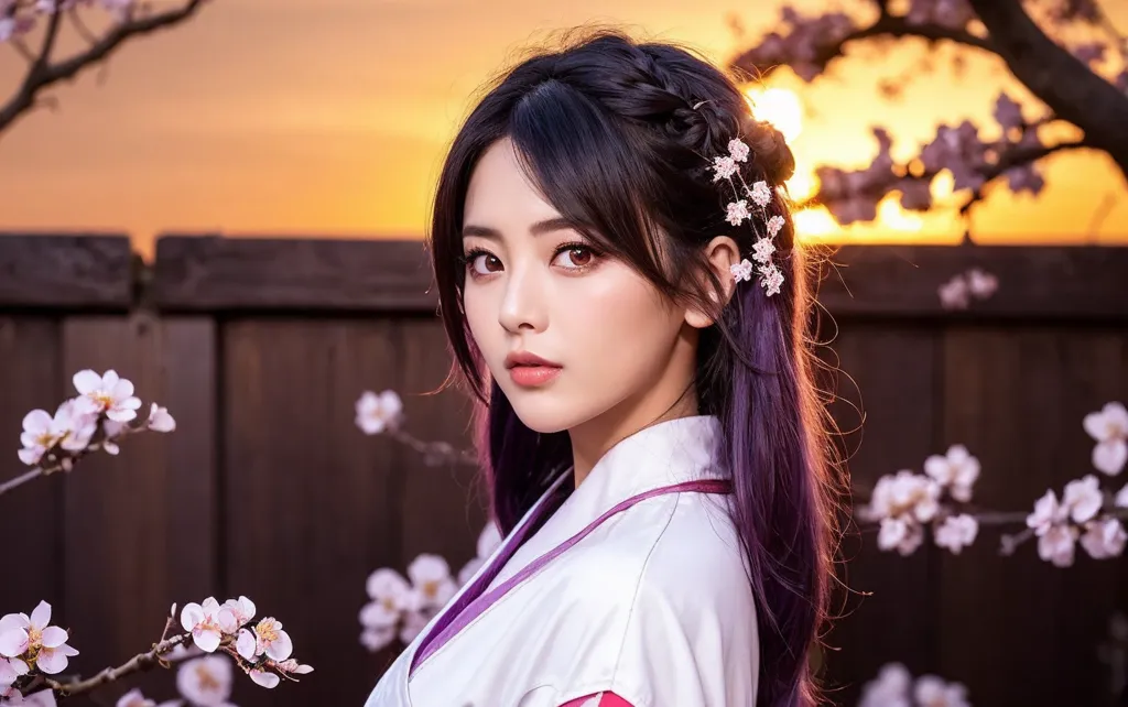 The picture shows a young woman in a white and red kimono standing in a garden. The background is a sunset sky with a tree with white and pink blossoms. The woman has long black hair and purple eyes. She is looking at the camera with a serious expression.