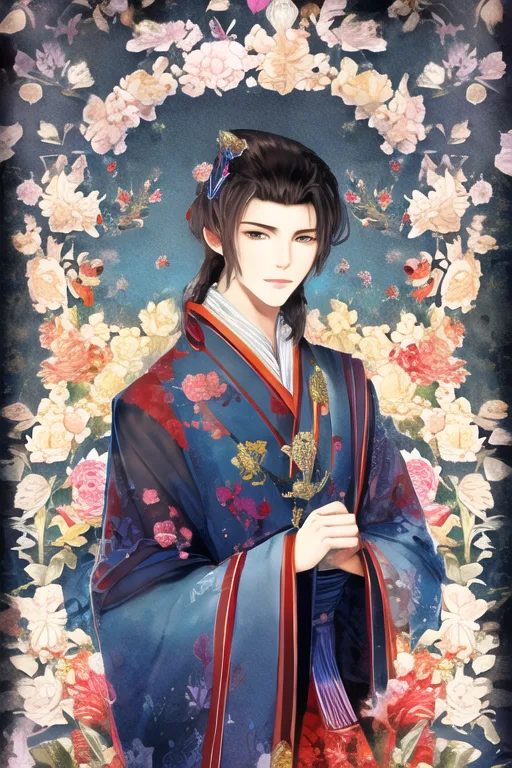 A imagem mostra um jovem homem vestindo um hanfu azul e vermelho, com uma faixa branca e dourada e uma coroa azul e dourada. Ele tem cabelos pretos longos e olhos vermelhos. Ele está em pé em frente a um fundo azul com um padrão de flores brancas e rosas e borboletas.