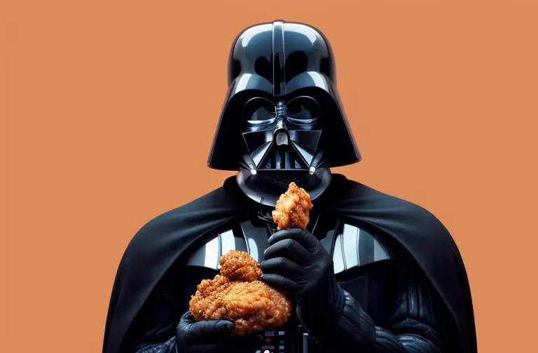 L'image montre Darth Vader de Star Wars. Il tient une cuisse de poulet frit dans sa main gantée et s'apprête à la mordre. Il regarde la caméra avec ses yeux rouges menaçants. Il porte son casque noir et sa cape iconiques. L'arrière-plan est un dégradé d'orange et de