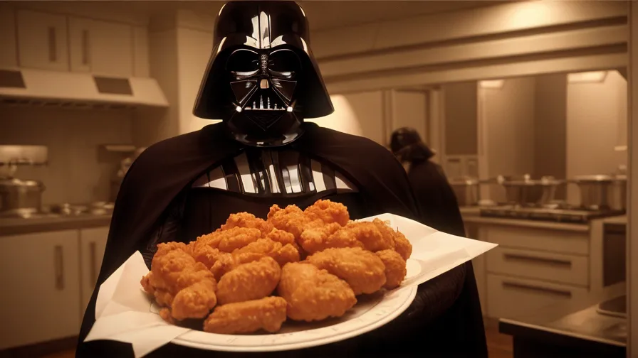 The image shows Darth Vader from Star Wars holding a plate full of chicken nuggets. He is standing in a kitchen, and there is a mess of food on the counter behind him. He is wearing his iconic black mask and cape, and he is looking down at the chicken nuggets with a scowl on his face. The image is funny because it is unexpected to see Darth Vader in a domestic setting, and it is also because he looks so grumpy about having to eat chicken nuggets.