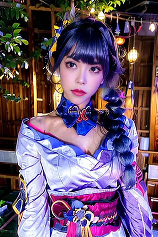 A imagem mostra uma jovem mulher com cabelos azuis longos vestida com um quimono roxo com detalhes brancos e rosa. Ela está usando um colar com uma borboleta azul. Seu cabelo está penteado em um elaborado penteado com duas longas tranças enquadrando seu rosto. Ela tem olhos azuis e está usando sombra roxa e delineador preto. Seus lábios são de um rosa brilhante. Ela está em pé em uma sala de estilo tradicional japonês com lanternas de papel e plantas ao fundo.