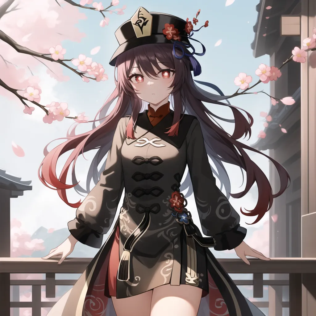 The image is of a young woman with long red hair and red eyes. She is wearing a black and red cheongsam-style dress with a white apron. She is standing on a balcony, leaning against the railing with one hand. There are cherry blossoms in the background.