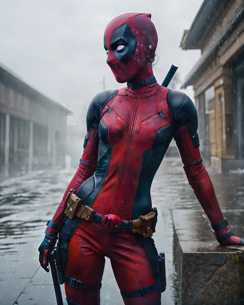 The picture shows a cosplayer dressed as Deadpool, a Marvel Comics character. The cosplayer is wearing a red and black suit and a mask that covers their face. They are also carrying two swords. The background of the picture is a rainy street.