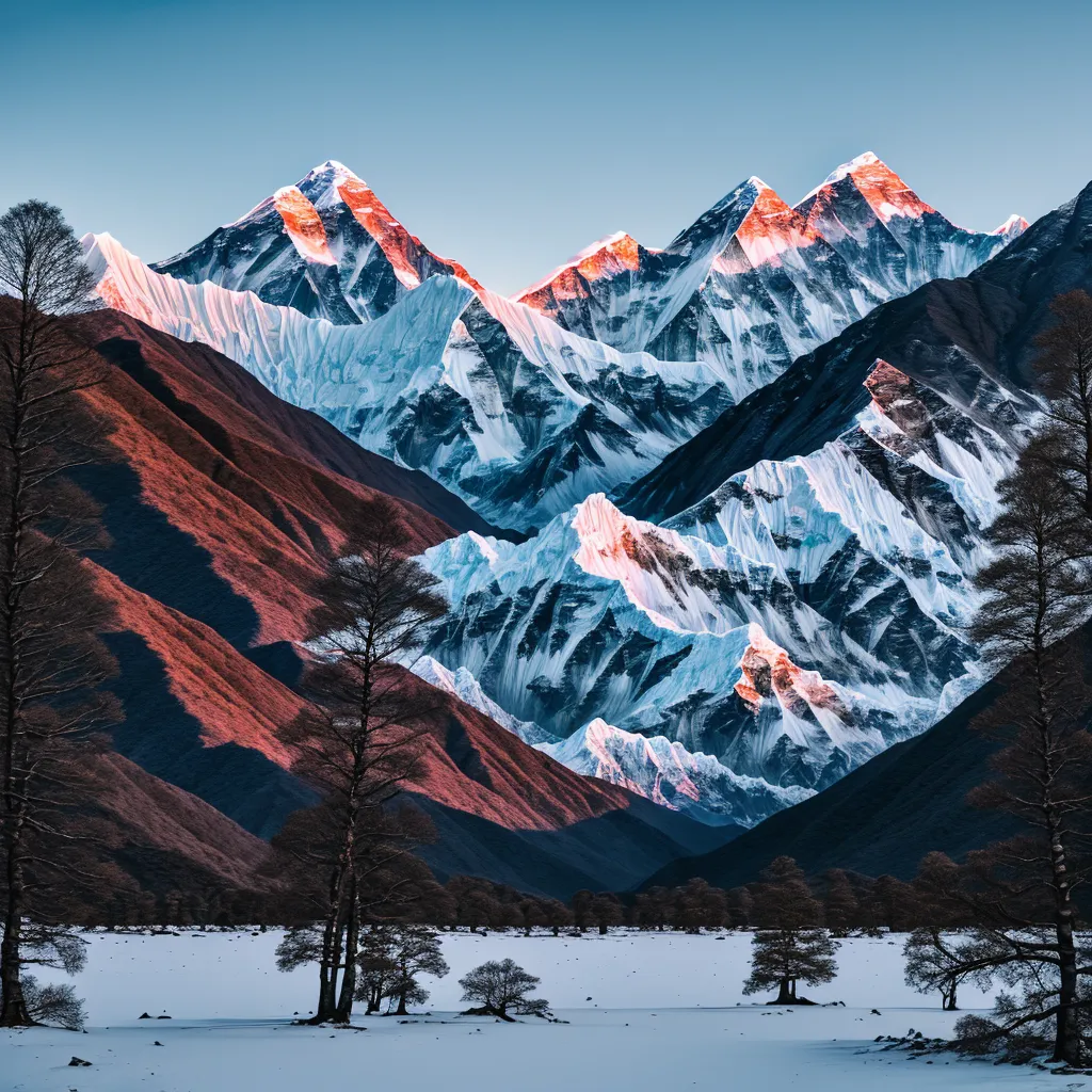 The image shows snow-capped mountains in the distance with a valley in the foreground. The mountains are lit by the sun, which is setting or rising. The sky is a deep blue color, and the snow on the mountains is white. The valley is covered in snow, and there are several trees in the foreground. The trees are bare, and their branches are covered in snow. The image is very peaceful and serene.