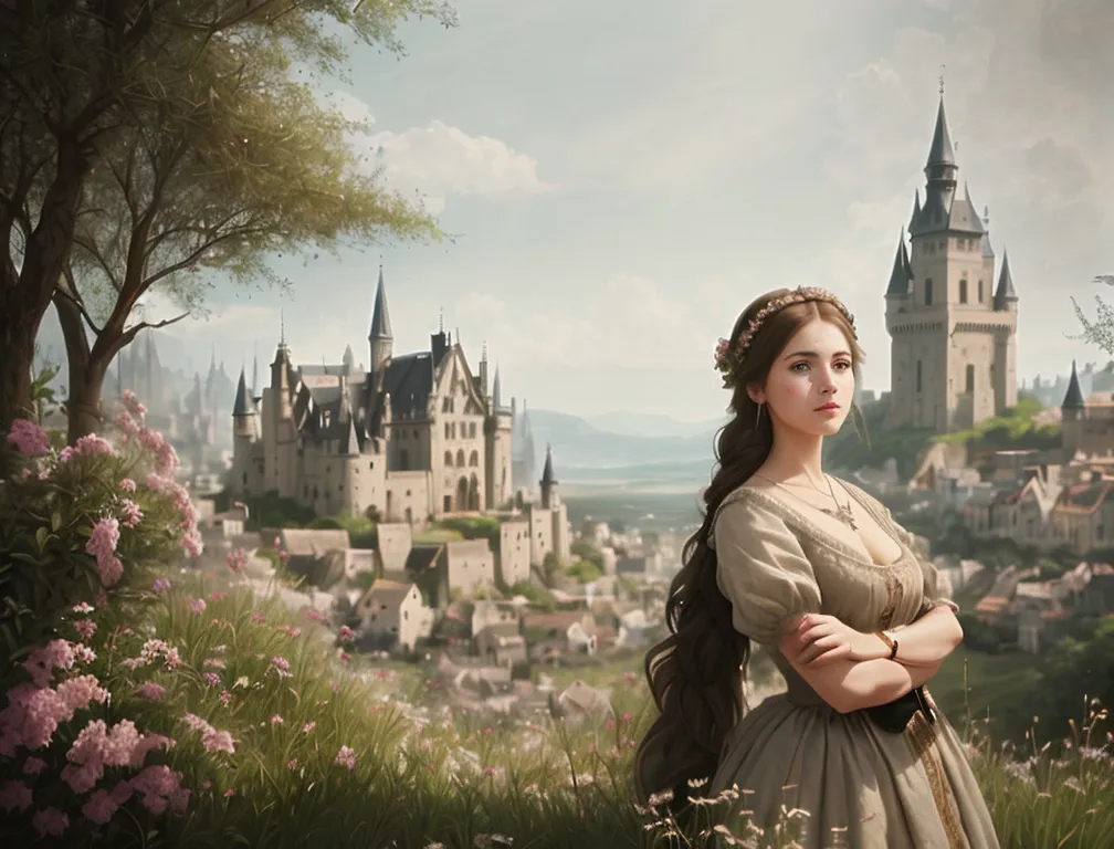 This image shows a young woman standing in a field of flowers outside of a medieval castle. The woman is wearing a simple dress with a white camisole underneath. She has a circlet of flowers in her hair. The castle is made of gray stone and has many towers and turrets. It is surrounded by a town with many houses and shops. In the distance, there are mountains covered with snow.