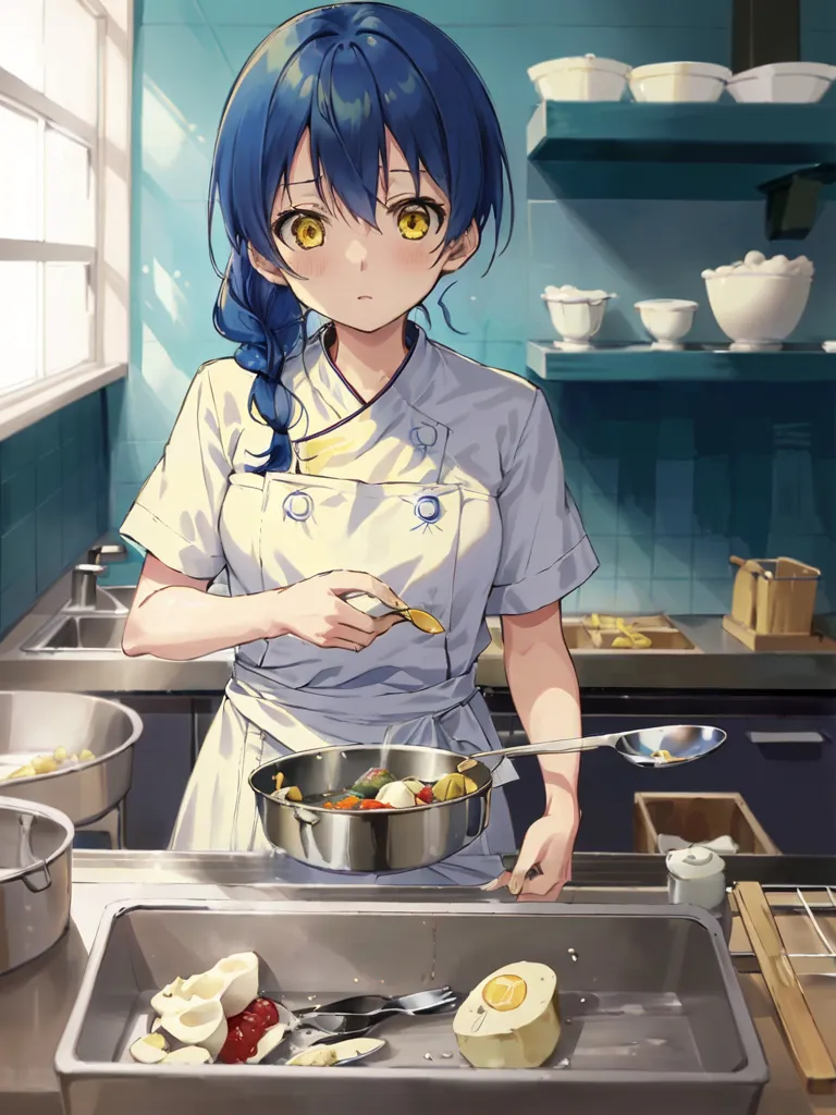 A young girl with blue hair is cooking in a kitchen. She is wearing a white chef's coat and a blue apron. She is holding a pot with a spoon. There are many ingredients on the table including eggs, vegetables, and meat. The girl has a serious expression on her face. She seems to be concentrating on her cooking.