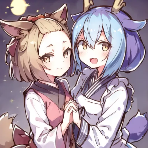 The image shows two anime girls standing next to each other. The girl on the left has fox ears and brown hair, and the girl on the right has deer antlers and blue hair. They are both wearing traditional Japanese clothes. The girl on the left is wearing a kimono with a pink obi, and the girl on the right is wearing a yukata with a blue obi. They are both smiling and holding hands. In the background, there is a full moon.