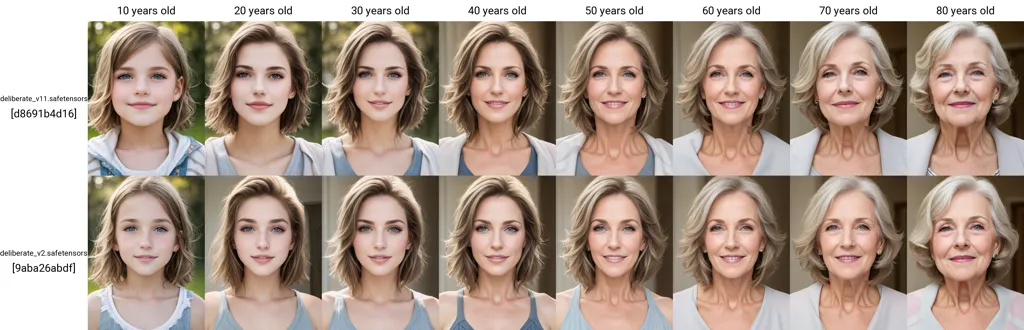 この画像は、10歳から80歳までの人生の各年齢を表す10枚の画像がグリッド状に配置されています。最初の行には10歳、20歳、30歳、40歳、50歳の画像が、2行目には50歳、60歳、70歳、80歳の画像が並んでいます。
時間の経過とともに、人物の外見は徐々に変化していきます。最も顕著な変化は10歳から20歳の間と50歳から60歳の間に見られます。最初の行では、人物は短い茶髪で丸顔ですが、年齢とともに髪が長く暗くなり、顔が卵型に変化していきます。2行目では、髪が白髪になり、顔にしわが増えていきます。80歳になると、白髪が目立ち、顔にたくさんのしわができています。