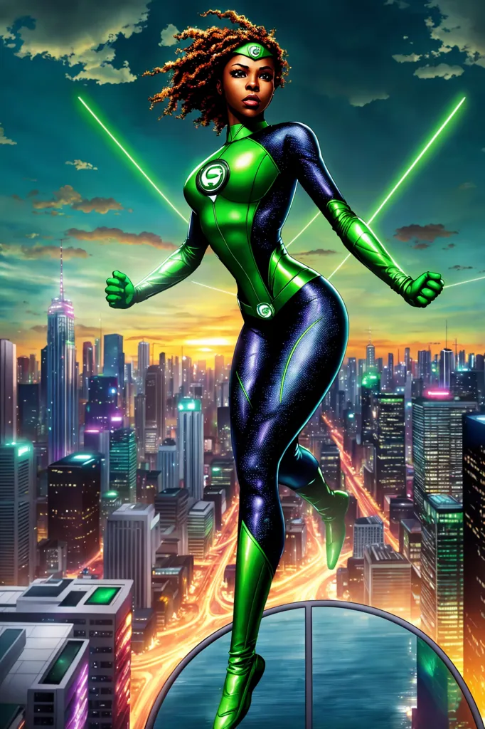 The image is of a black female superhero. She is wearing a green and black suit with a white symbol on her chest. She has brown hair and green eyes. She is standing on a rooftop in a city. The city is in the background and is out of focus. The superhero is looking at the viewer.