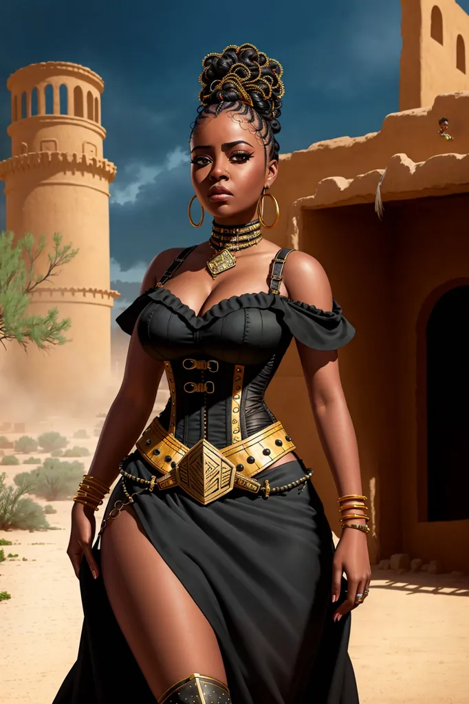 This image shows a beautiful woman of color with dark brown skin and black hair. She is wearing a black and gold outfit with a corset and a skirt with a slit. She is also wearing a lot of gold jewelry, including a necklace, earrings, and bracelets. She is standing in front of a building, possibly a temple, with a large tower in the background. The sky is blue and there are clouds in the distance.