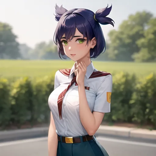 The image depicts a young woman with green eyes and purple hair tied in twin ponytails. She is wearing a white short-sleeved shirt with a red tie, a dark green skirt, and a brown belt with a gold buckle. She has a thoughtful expression on her face and is touching her chin with her right hand. She is standing in an outdoor setting with green trees in the background.