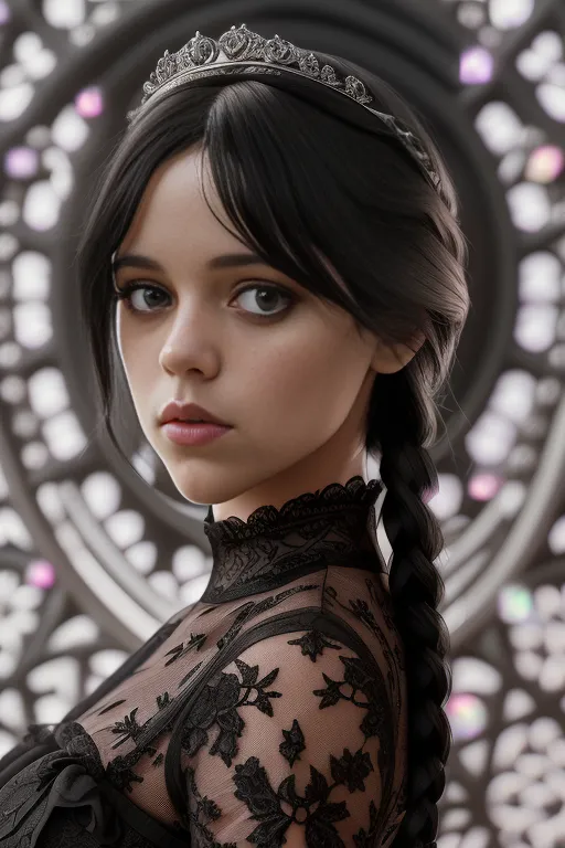 The image shows a young woman with long black hair and pale skin. She is wearing a black dress with a high collar and a silver tiara. Her hair is braided and she has a serious expression on her face. The background is a stained glass window in muted colors.