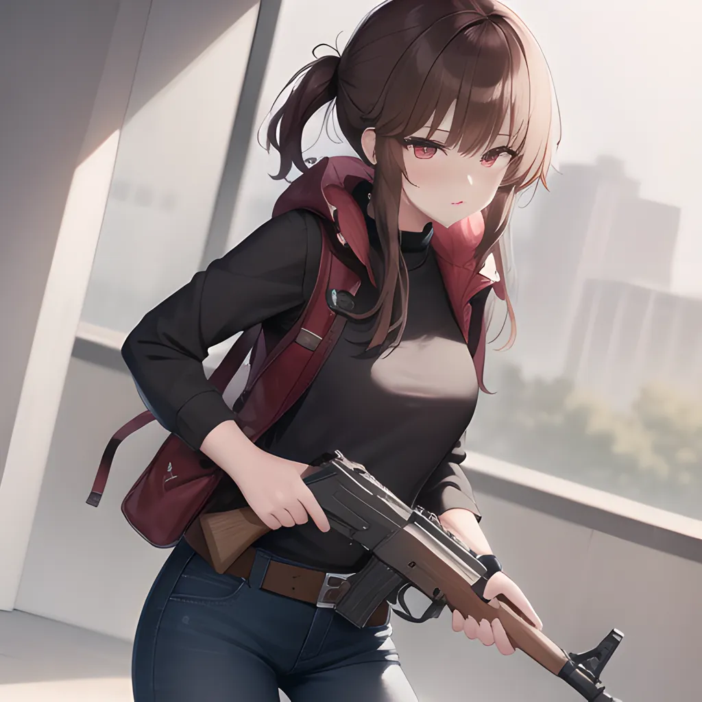 The image depicts an anime-style girl with brown hair and red eyes. She is wearing a black turtleneck, red vest, and blue jeans. She is also carrying a gun. The girl is standing in a room with a large window in the background. There is a city outside the window. The girl is looking at the camera with a serious expression on her face.