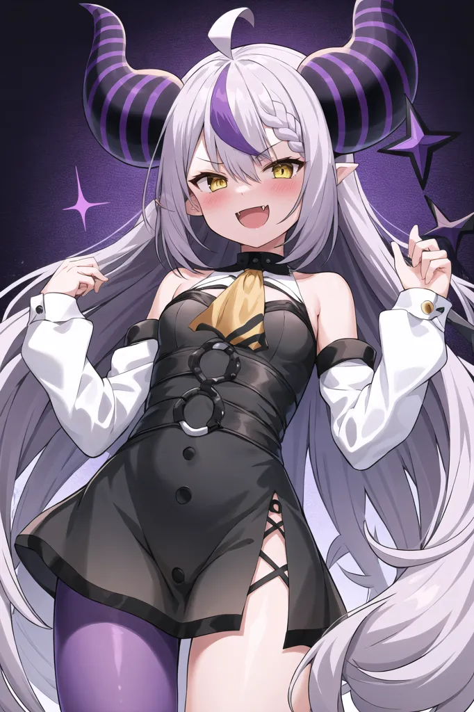 This image shows a young woman with long silver hair and purple eyes. She is wearing a black and purple dress with a white collar. She has a devilish expression on her face and is holding her hands up in the air. She has purple horns and a tail.