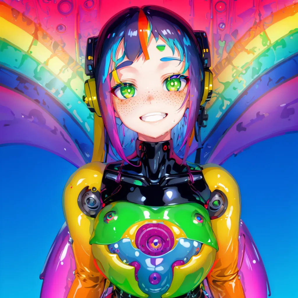 This is an image of a gynoid, or female robot, with long, flowing hair that is a rainbow of colors, including red, orange, yellow, green, blue, and purple. She is wearing a black and yellow bodysuit with green and pink accents. She has green eyes and freckles on her face. She is smiling and has a rainbow-colored halo around her head. She is also wearing headphones.