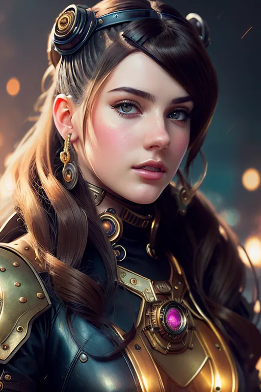 The image is a portrait of a beautiful young woman with long brown hair and green eyes. She is wearing a steampunk-style outfit with a brown leather bodice and gold accents. She has a gear-shaped device on her chest and various other steampunk accessories. The background is a blur of orange and yellow lights.