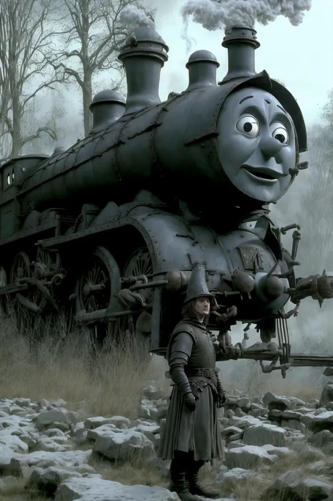 L'image montre une version steampunk de Thomas le petit train. C'est une locomotive noire de grande taille avec un visage amical. Elle est sur une voie ferrée dans une forêt sombre et brumeuse. Un homme vêtu d'une cape noire se tient à côté. L'homme regarde le train avec une expression surprise sur le visage.