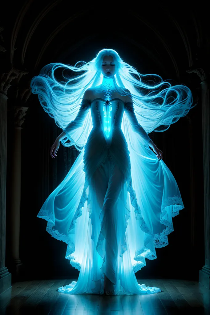 The image is of a woman with long, flowing white hair. She is wearing a white dress that is glowing. The woman is standing in a dark room, and there is a dark background behind her. The woman's eyes are closed, and she has a serene expression on her face. The image is of a woman who is at peace with herself and her surroundings.