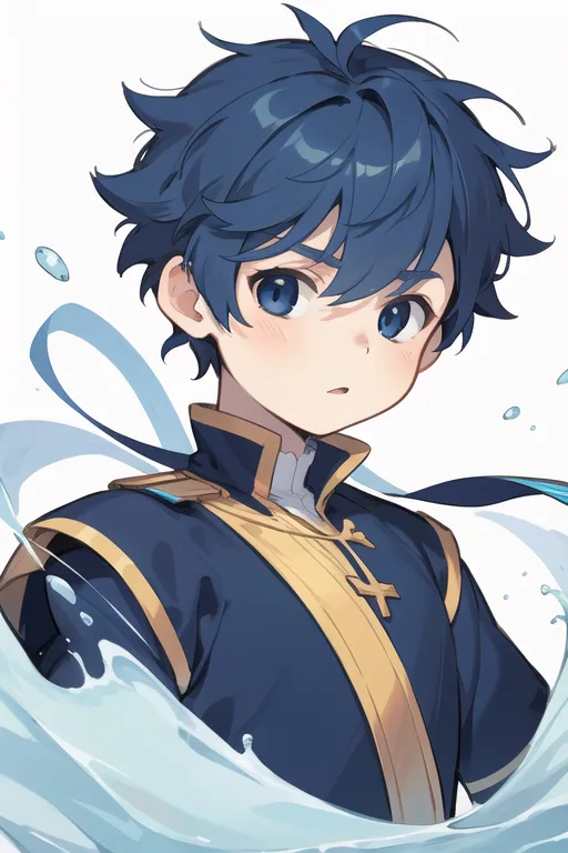 This is an image of a young boy. He has blue hair and blue eyes. He is wearing a blue and gold outfit. He looks like he is from a royal family. There is water surrounding him.