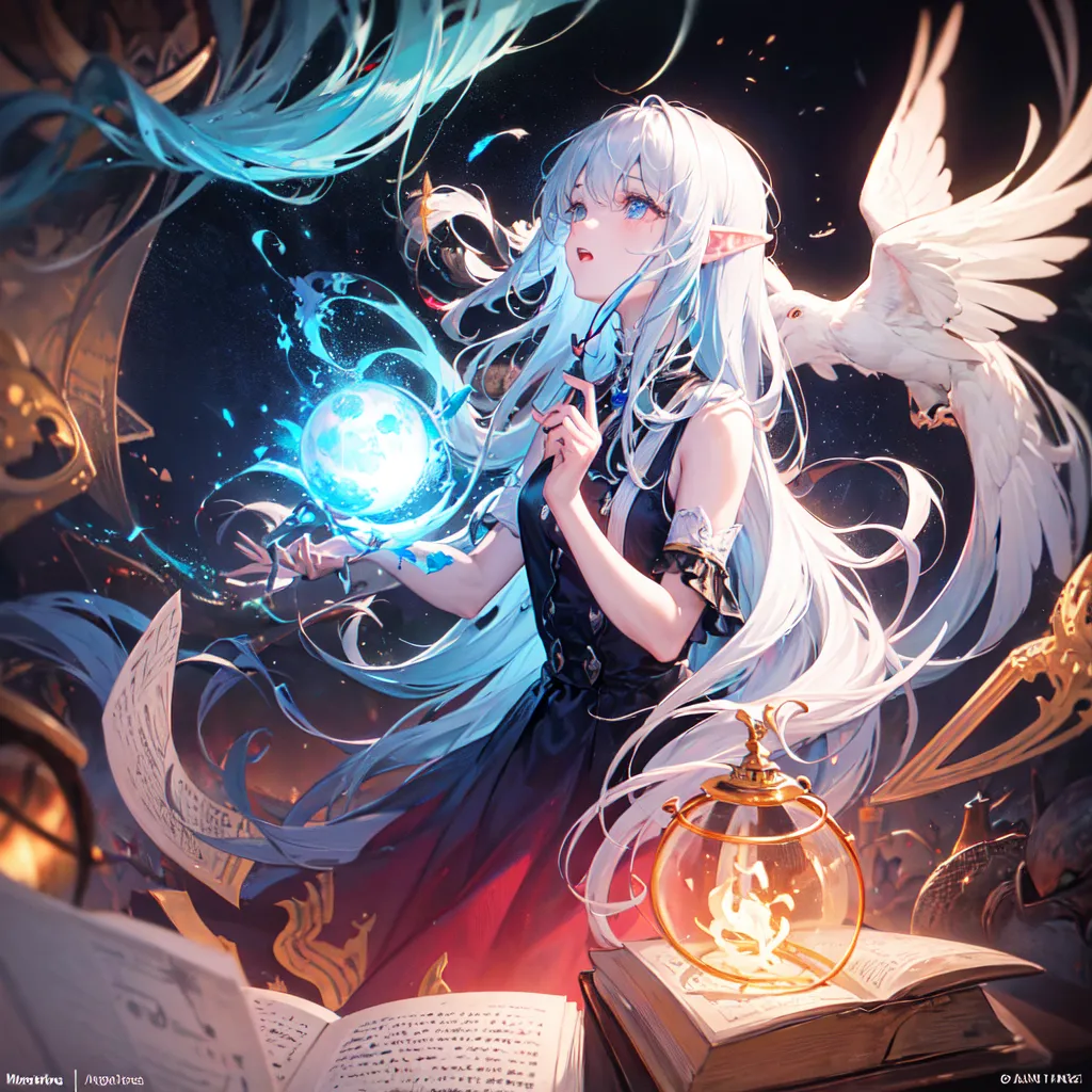 Gambar ini menampilkan seorang gadis anime yang cantik dengan rambut putih panjang dan mata biru. Dia mengenakan gaun putih dengan sash merah dan jubah biru. Dia berdiri di perpustakaan, dikelilingi oleh buku-buku dan gulungan. Dia memegang pena di tangan kanannya dan bola kristal yang bercahaya biru di tangan kirinya. Seekor burung dara putih hinggap di bahu kanannya.