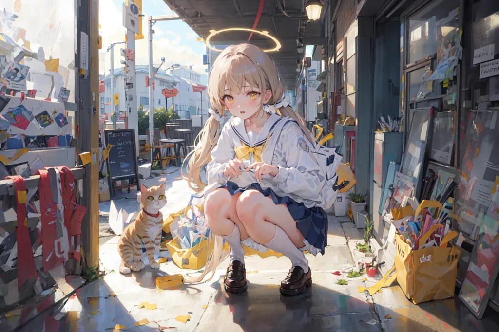 The image is a painting of a young girl with long blonde hair and yellow eyes. She is wearing a white and blue sailor-style school uniform. She is kneeling on the ground in front of a tabby cat. The girl has a halo above her head and is surrounded by a soft glow. The background is a busy street with people walking by and cars driving. The painting is done in a realistic style and the colors are vibrant and lifelike.