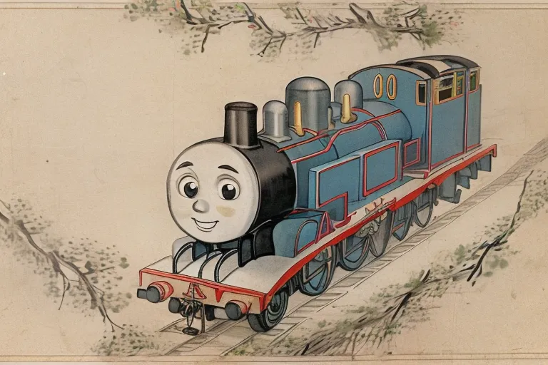 The image shows a blue train with a red stripe and the number 00 on its side. The train has a happy face and is smiling. It is standing on a track with trees and bushes in the background. The train is drawn in a realistic style and looks like it could be a real train.