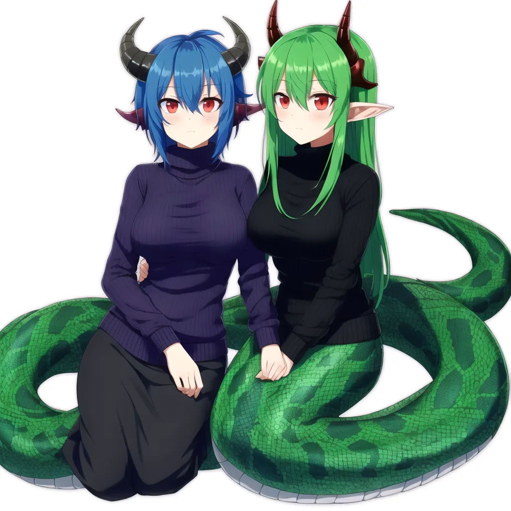 The image depicts two anime-style girls with snake-like bodies. The girl on the left has blue hair and red eyes, while the girl on the right has green hair and red eyes. Both girls are wearing black turtleneck sweaters and skirts. The girl on the left is holding the hand of the girl on the right.